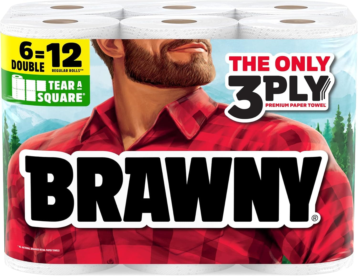 Brawny Tear-A-Square 3-Ply Paper Towels, 6 Double Rolls