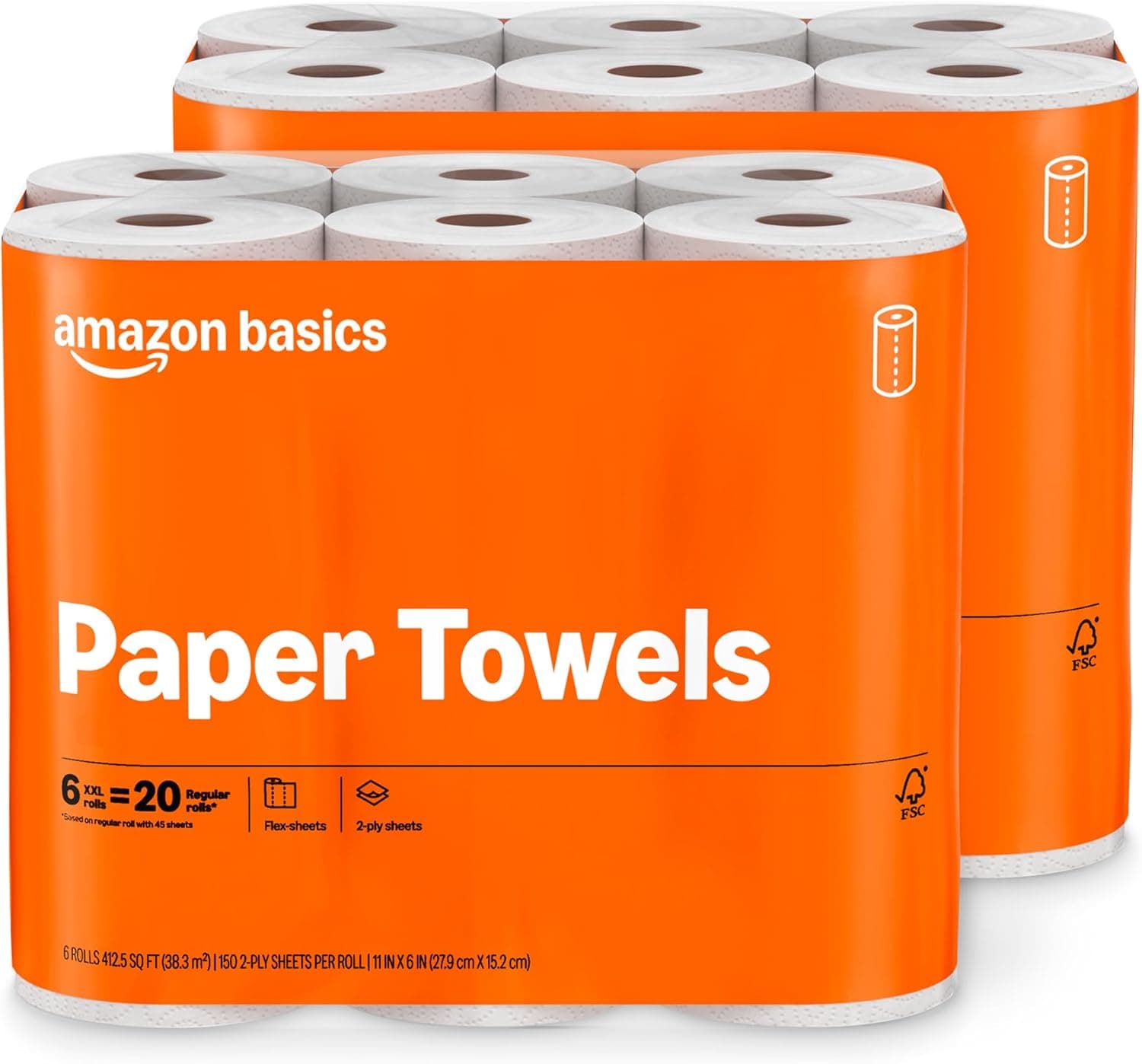 Amazon Basics 2-Ply Flex-Sheets Paper Towels, 12 Rolls (150 Sheets per Roll)