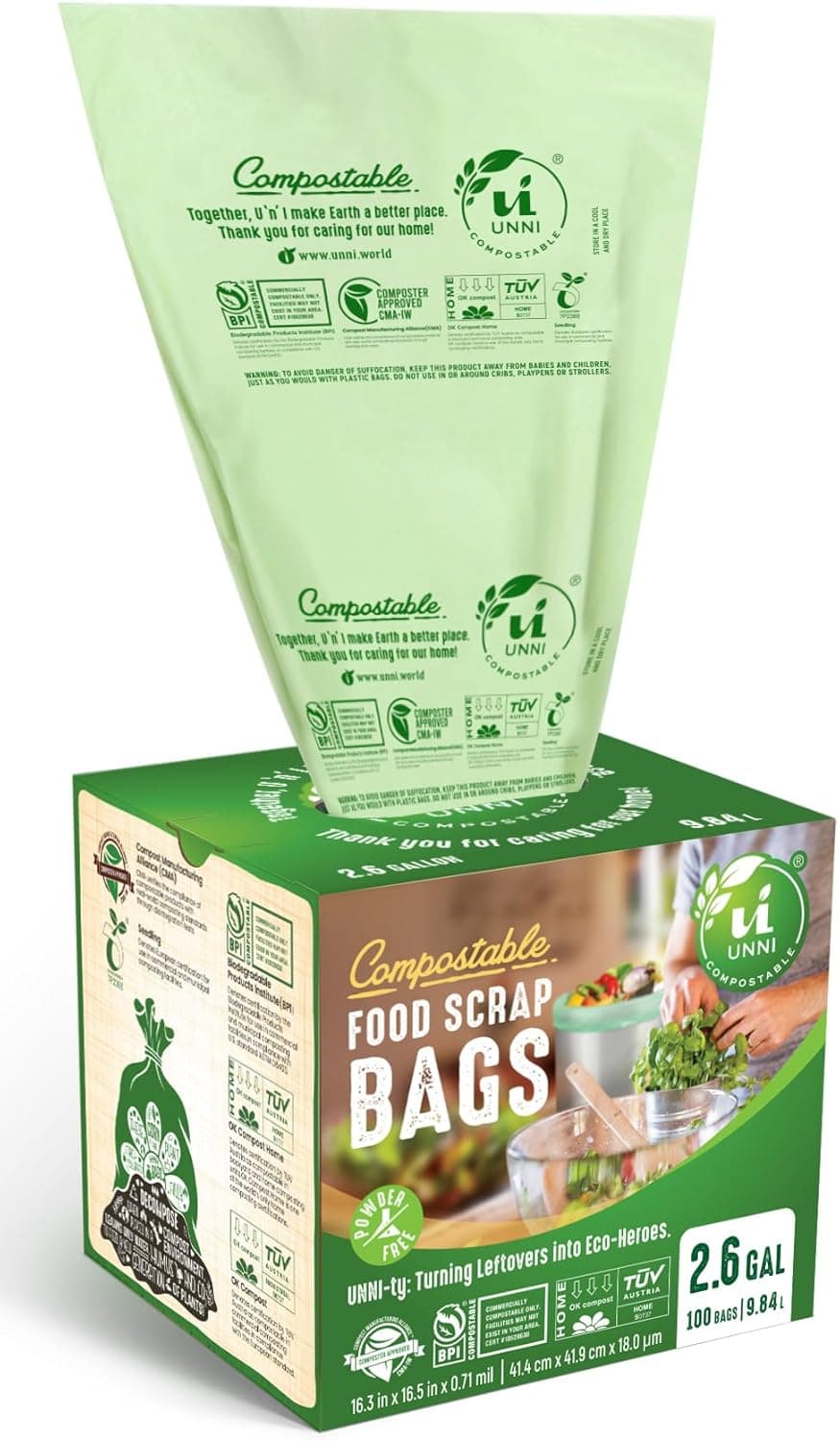 UNNI Compostable Trash Bags, 2.6 Gallon, 100 Count